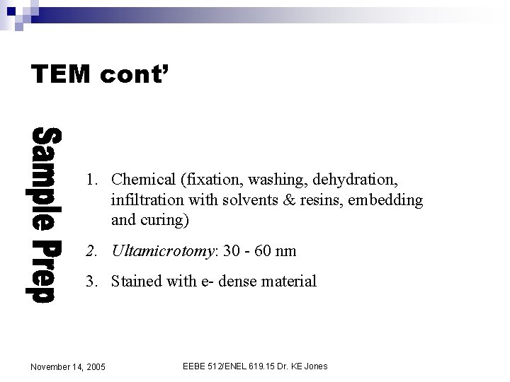 TEM cont’ 1. Chemical (fixation, washing, dehydration, infiltration with solvents & resins, embedding and