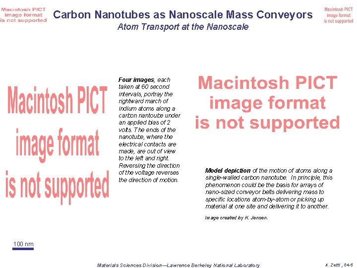 Carbon Nanotubes as Nanoscale Mass Conveyors Atom Transport at the Nanoscale Four images, each