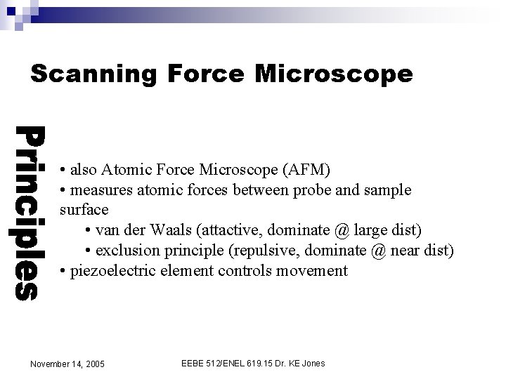 Scanning Force Microscope • also Atomic Force Microscope (AFM) • measures atomic forces between