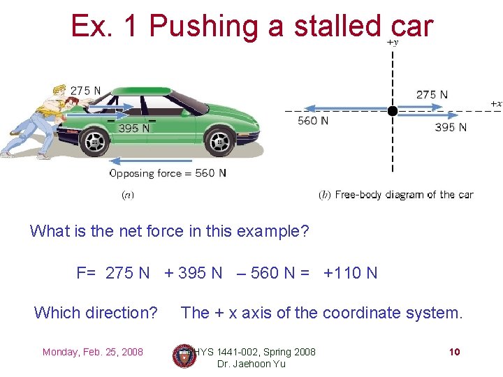Ex. 1 Pushing a stalled car What is the net force in this example?