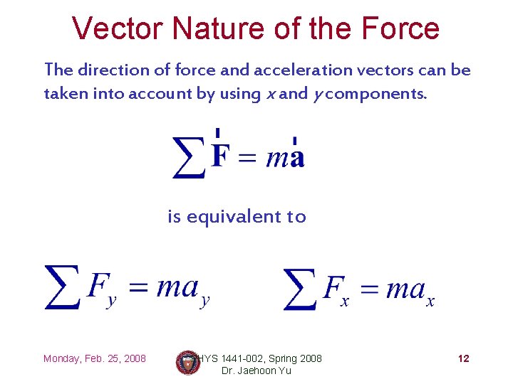 Vector Nature of the Force The direction of force and acceleration vectors can be