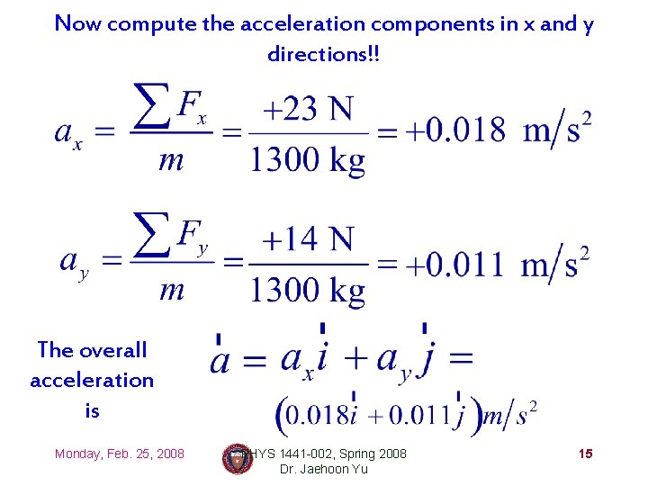 Now compute the acceleration components in x and y directions!! The overall acceleration is