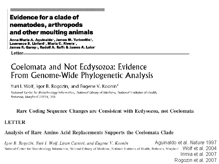 Aguinaldo et al. Nature 1997 Wolf et al. 2004 Irimia et al. 2007 Rogozin