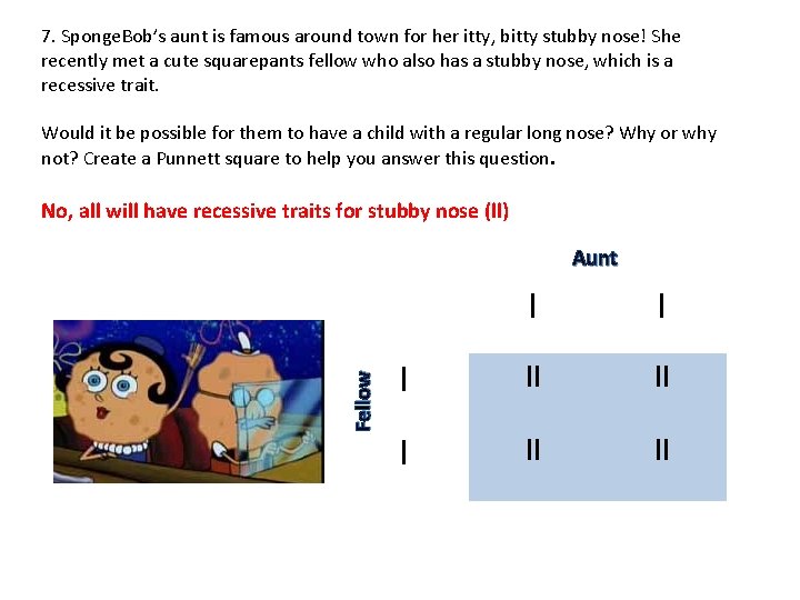 7. Sponge. Bob’s aunt is famous around town for her itty, bitty stubby nose!