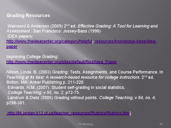 Grading Resources Walvoord & Anderson (2009) 2 nd ed. Effective Grading: A Tool for