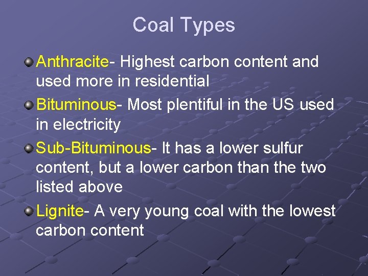 Coal Types Anthracite- Highest carbon content and used more in residential Bituminous- Most plentiful