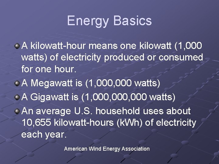 Energy Basics A kilowatt-hour means one kilowatt (1, 000 watts) of electricity produced or