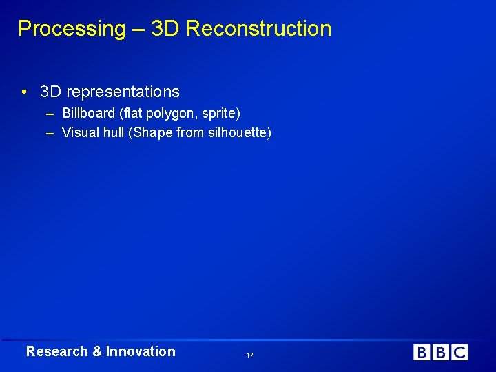 Processing – 3 D Reconstruction • 3 D representations – Billboard (flat polygon, sprite)