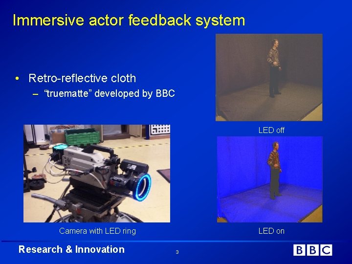 Immersive actor feedback system • Retro-reflective cloth – “truematte” developed by BBC LED off