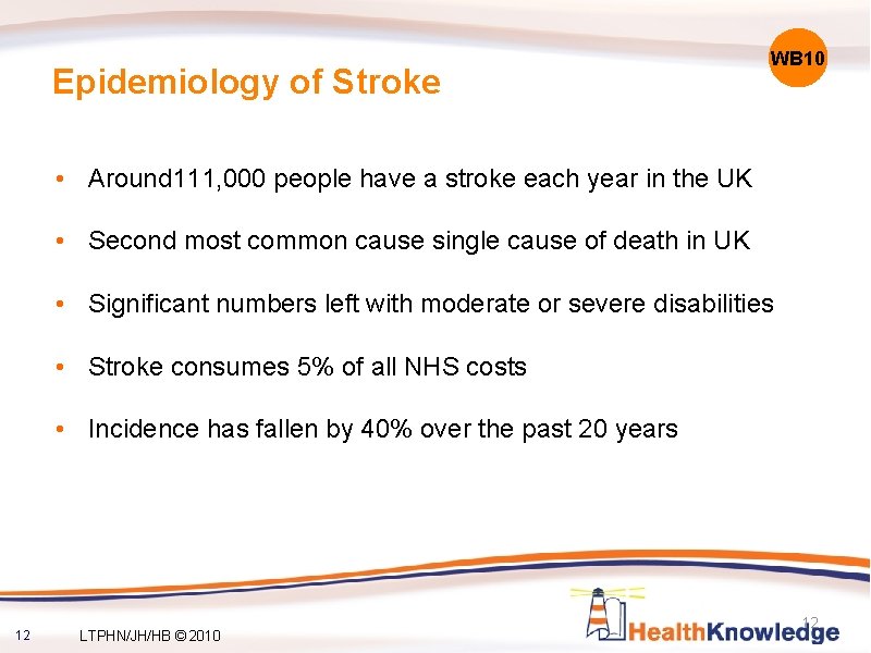 Epidemiology of Stroke WB 10 • Around 111, 000 people have a stroke each