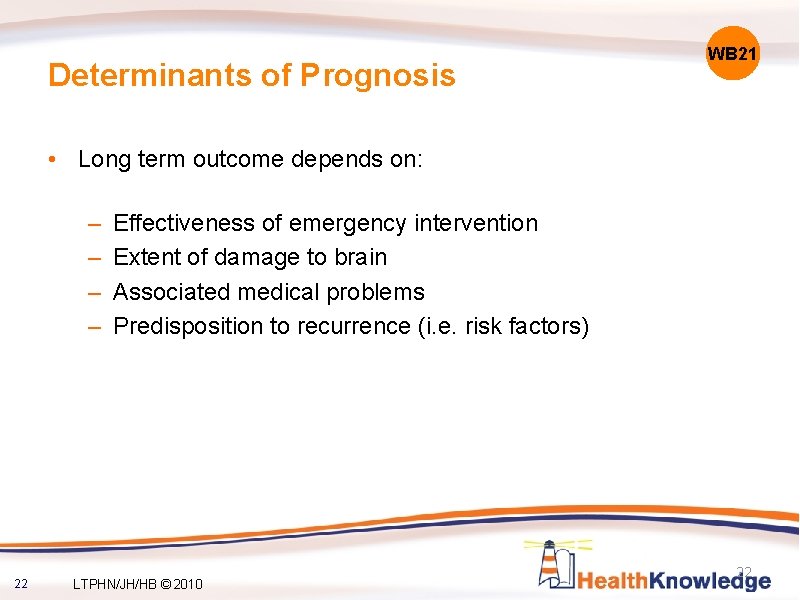 Determinants of Prognosis WB 21 • Long term outcome depends on: – – 22