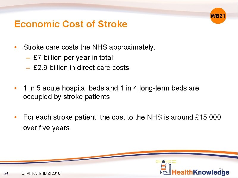 Economic Cost of Stroke WB 21 • Stroke care costs the NHS approximately: –