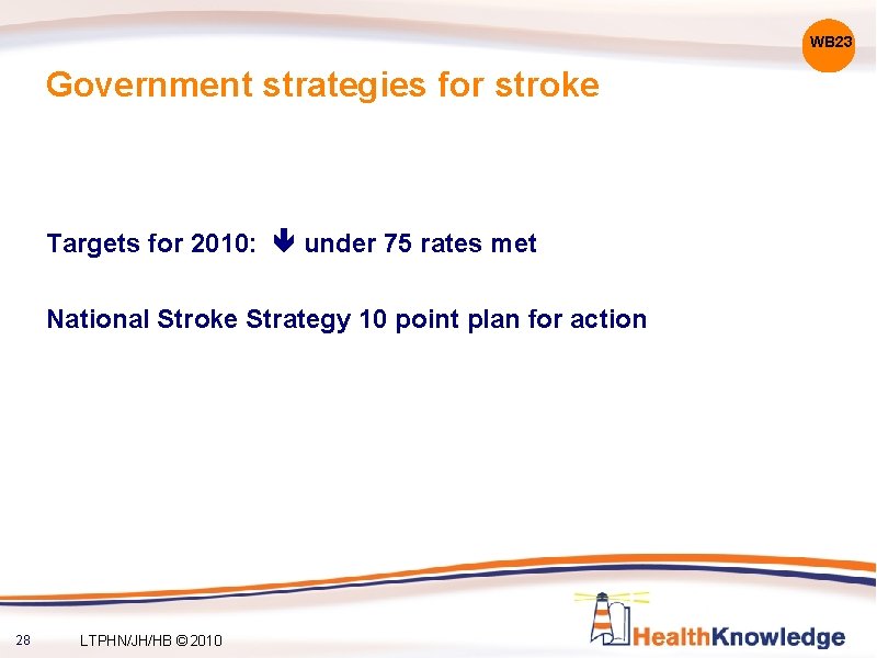 WB 23 Government strategies for stroke Targets for 2010: under 75 rates met National WB 23 Government strategies for stroke Targets for 2010: under 75 rates met National