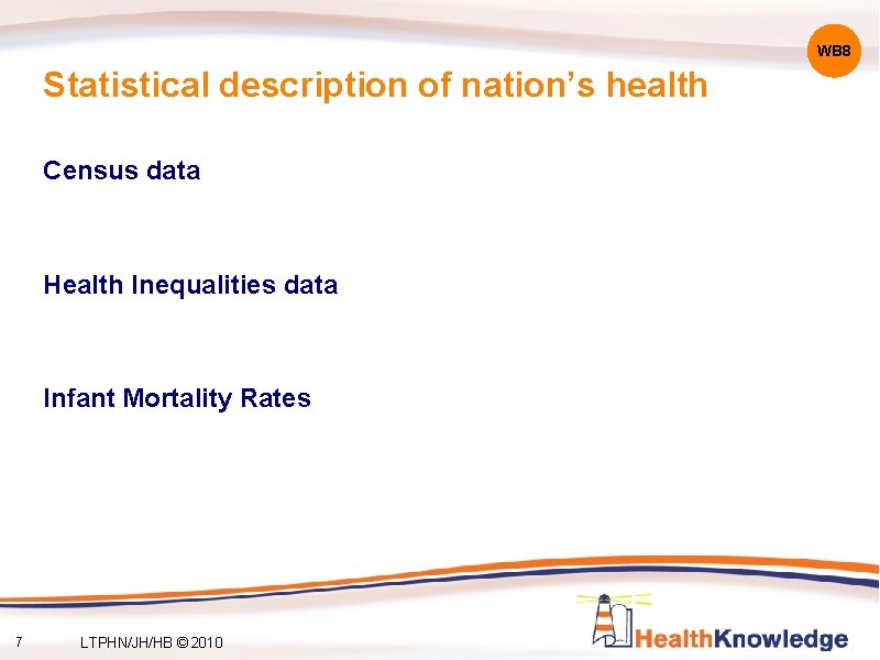 WB 8 Statistical description of nation’s health Census data Health Inequalities data Infant Mortality