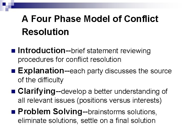 A Four Phase Model of Conflict Resolution n Introduction--brief statement reviewing procedures for conflict