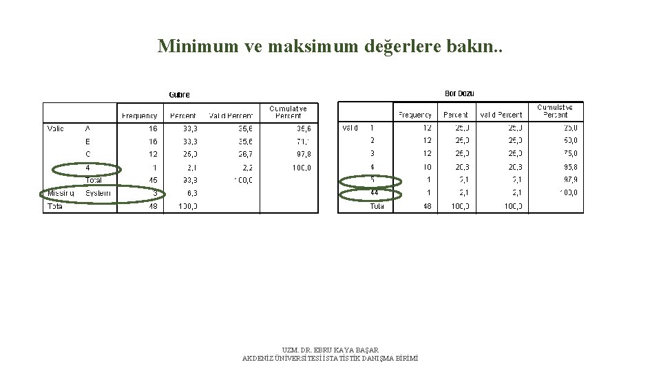 Minimum ve maksimum değerlere bakın. . UZM. DR. EBRU KAYA BAŞAR AKDENİZ ÜNİVERSİTESİ İSTATİSTİK