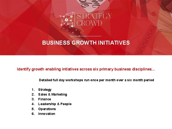 BUSINESS GROWTH INITIATIVES Identify growth enabling intiatives across six primary business disciplines. . .