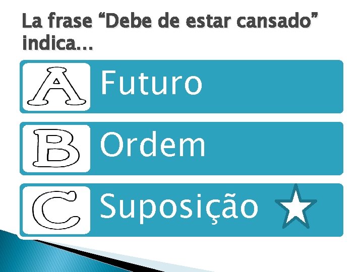 La frase “Debe de estar cansado” indica. . . Futuro Ordem Suposição La frase “Debe de estar cansado” indica. . . Futuro Ordem Suposição