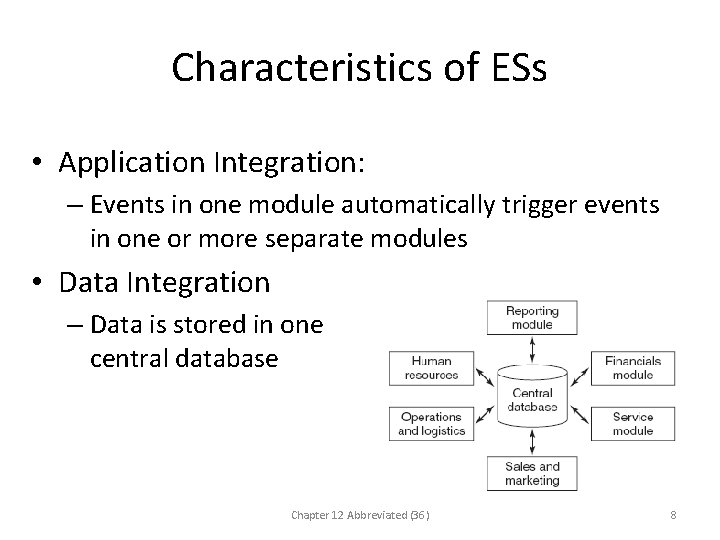 Characteristics of ESs • Application Integration: – Events in one module automatically trigger events