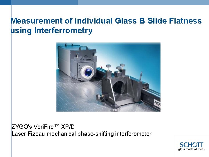 Measurement of individual Glass B Slide Flatness using Interferrometry ZYGO's Veri. Fire™ XP/D Laser