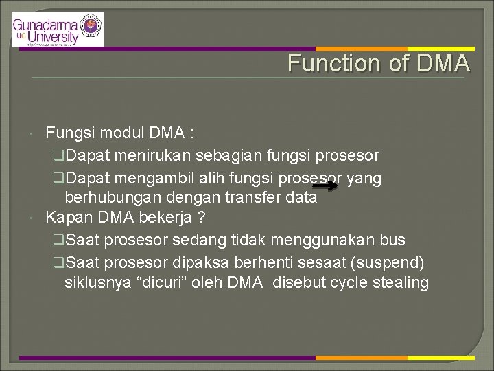 Function of DMA Fungsi modul DMA : q. Dapat menirukan sebagian fungsi prosesor q.
