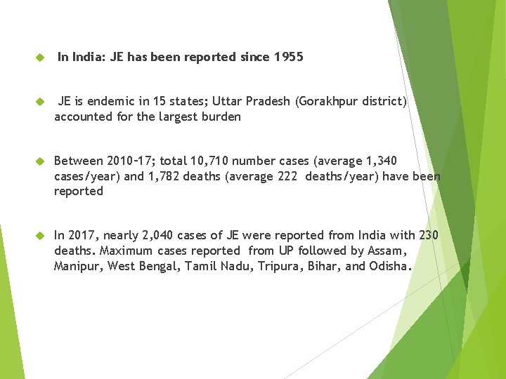  In India: JE has been reported since 1955 JE is endemic in 15