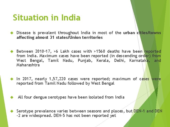 Situation in India Disease is prevalent throughout India in most of the urban cities/towns