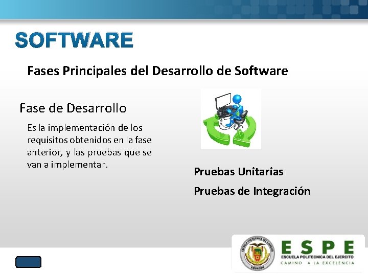 SOFTWARE Fases Principales del Desarrollo de Software Fase de Desarrollo Es la implementación de