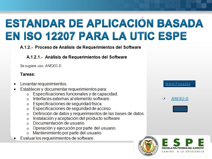 ESTANDAR DE APLICACIÓN BASADA EN ISO 12207 PARA LA UTIC ESPE Menú Procesos ->