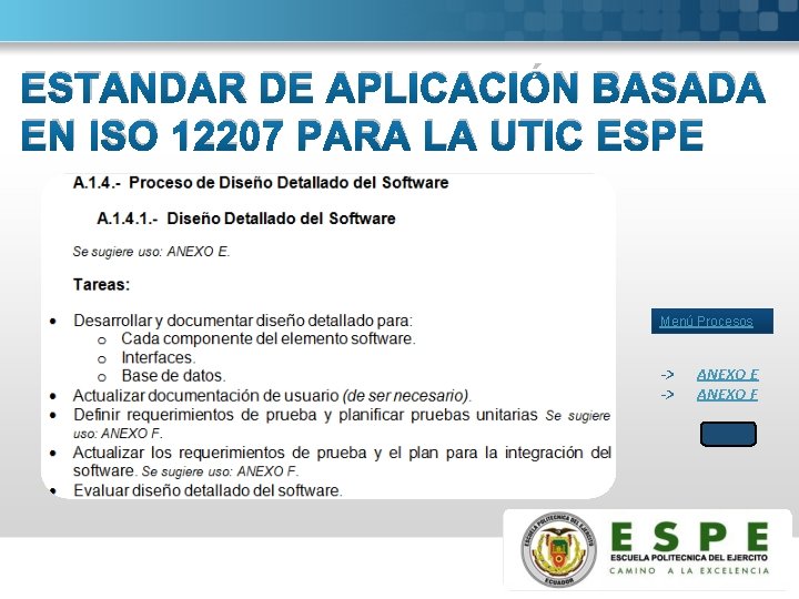 ESTANDAR DE APLICACIÓN BASADA EN ISO 12207 PARA LA UTIC ESPE Menú Procesos ->