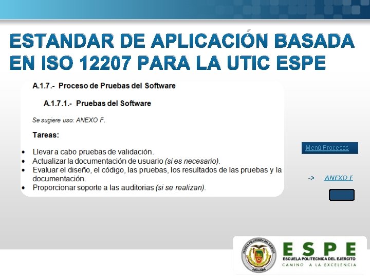 ESTANDAR DE APLICACIÓN BASADA EN ISO 12207 PARA LA UTIC ESPE Menú Procesos ->