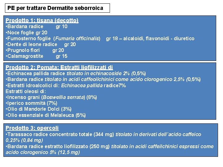 PE per trattare Dermatite seborroica Prodotto 1: tisana (decotto) • Bardana radice gr 10