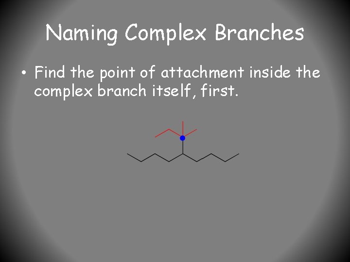 Naming Complex Branches • Find the point of attachment inside the complex branch itself,