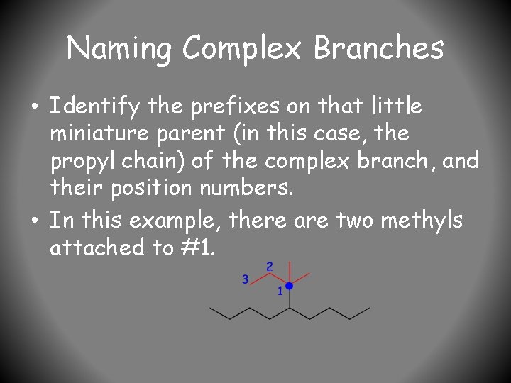 Naming Complex Branches • Identify the prefixes on that little miniature parent (in this