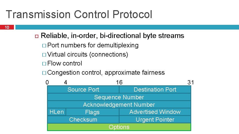 Transmission Control Protocol 10 Reliable, in-order, bi-directional byte streams � Port numbers for demultiplexing