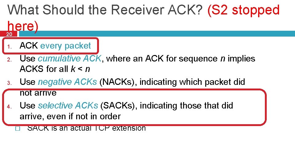 What Should the Receiver ACK? (S 2 stopped here) 20 1. 2. 3. 4.