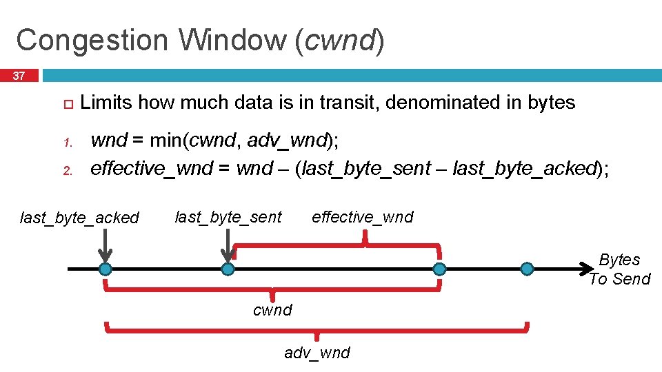 Congestion Window (cwnd) 37 1. 2. Limits how much data is in transit, denominated