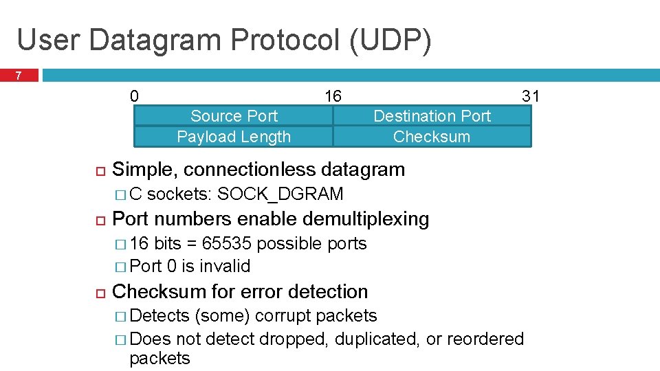 User Datagram Protocol (UDP) 7 0 Source Port Payload Length 31 16 Destination Port