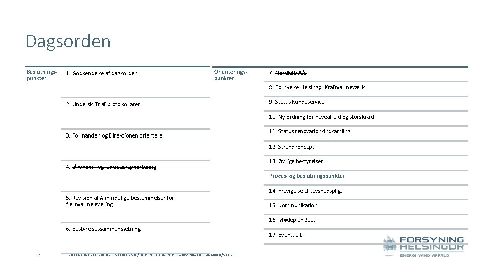 Dagsorden Beslutningspunkter 1. Godkendelse af dagsorden Orienteringspunkter 7. Nordkøb A/S 8. Fornyelse Helsingør Kraftvarmeværk