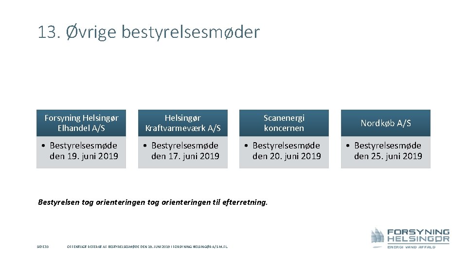 13. Øvrige bestyrelsesmøder Forsyning Helsingør Elhandel A/S Helsingør Kraftvarmeværk A/S Scanenergi koncernen Nordkøb A/S