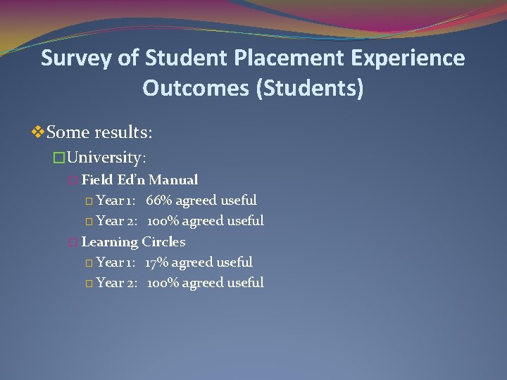 Survey of Student Placement Experience Outcomes (Students) v. Some results: �University: � Field Ed’n