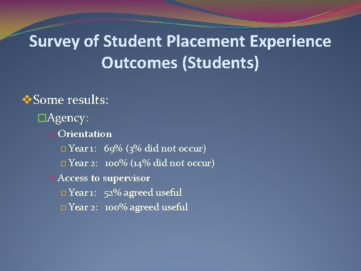 Survey of Student Placement Experience Outcomes (Students) v. Some results: �Agency: � Orientation �