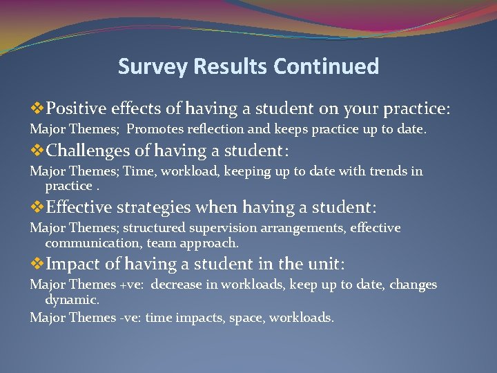 Survey Results Continued v. Positive effects of having a student on your practice: Major