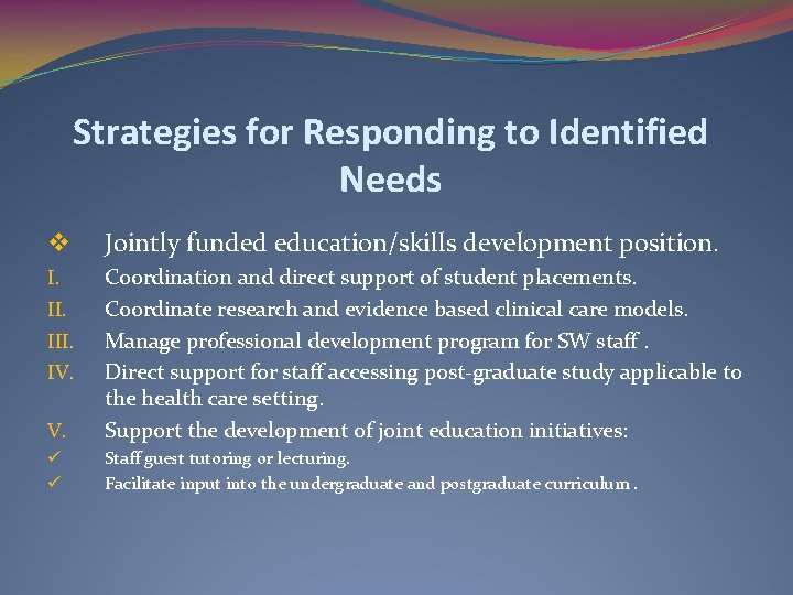 Strategies for Responding to Identified Needs v Jointly funded education/skills development position. I. III.