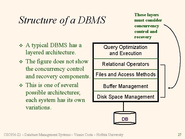 These layers must consider concurrency control and recovery Structure of a DBMS v v