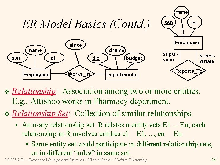 name ER Model Basics (Contd. ) ssn lot Employees dname did Works_In lot Employees