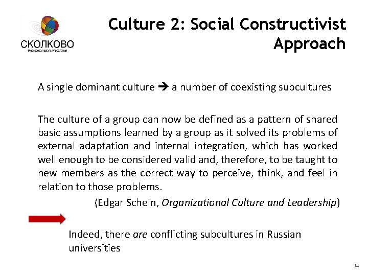 Culture 2: Social Constructivist Approach A single dominant culture a number of coexisting subcultures