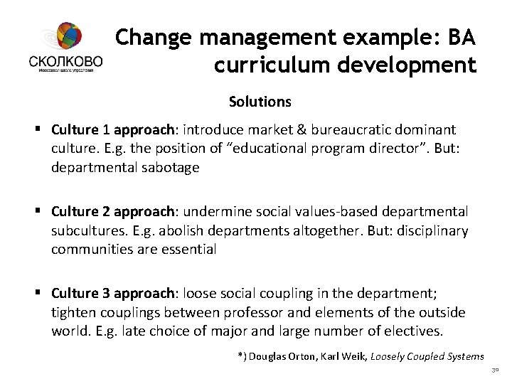 Change management example: BA curriculum development Solutions § Culture 1 approach: introduce market &