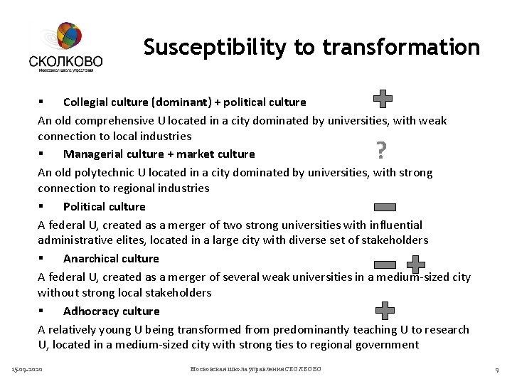 Susceptibility to transformation § Collegial culture (dominant) + political culture An old comprehensive U