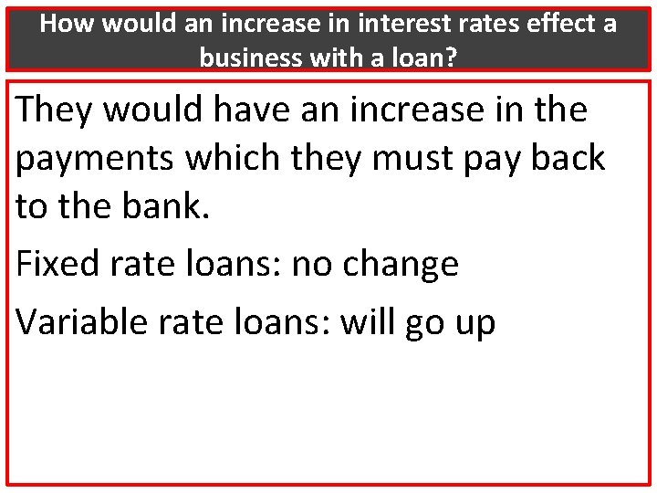 How would an increase in interest rates effect a business with a loan? They